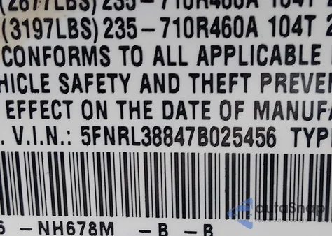2007 Honda Odyssey Touring z USA, uszkodzony, nr VIN 5FNRL38847B025456